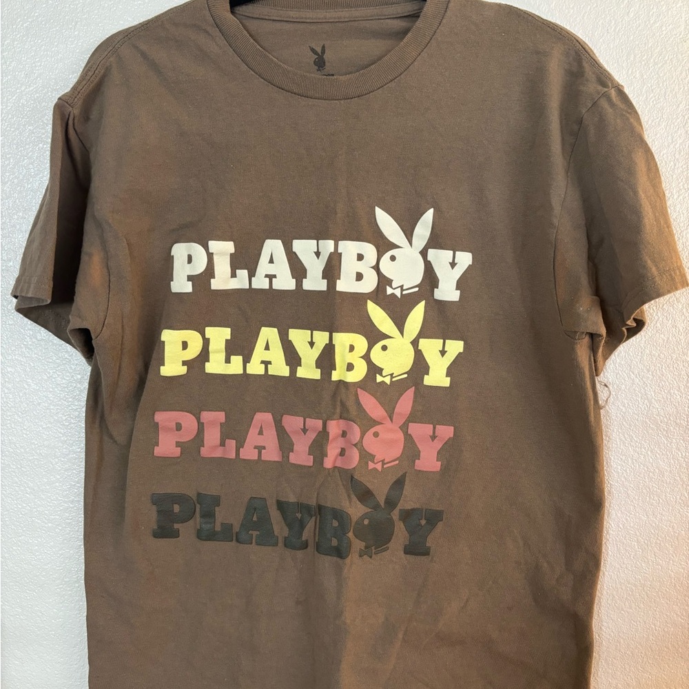 PLAYBOY Brown Short Sleeve Tee with Repeated Logo